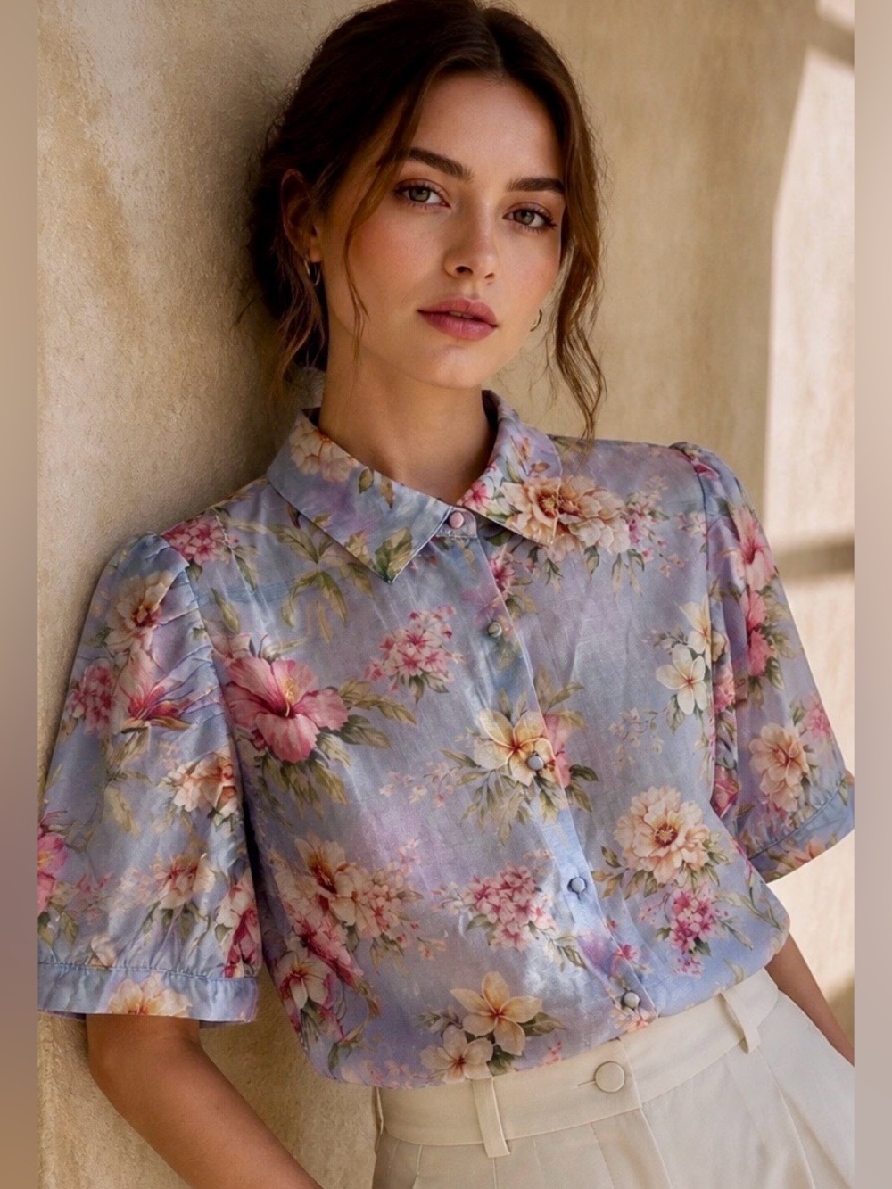 Lucky & Coco Woman’s Floral Button-Front Blouse w/Puff Sleeve Lavender XL